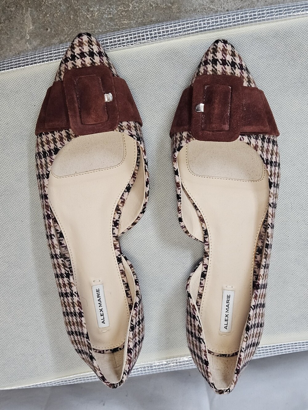 Alex Marie Brown Plaid Tweed Pointed Flats with Suede Buckle